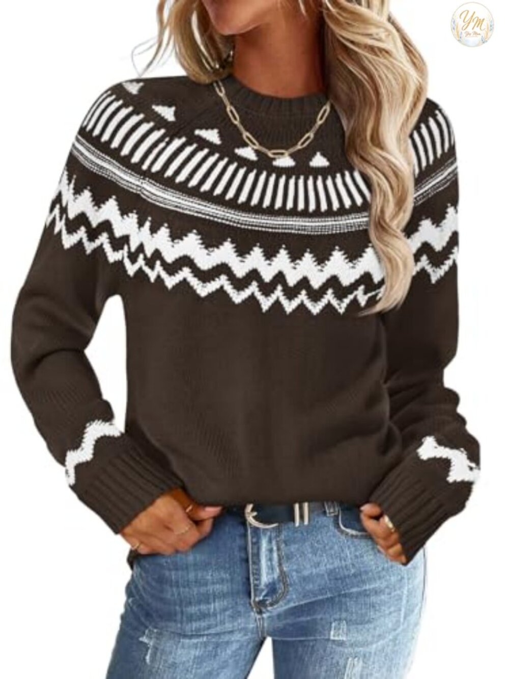 Fair Isle Argyle Knit Pullover Sweater Raglan Sleeve Loose Fit